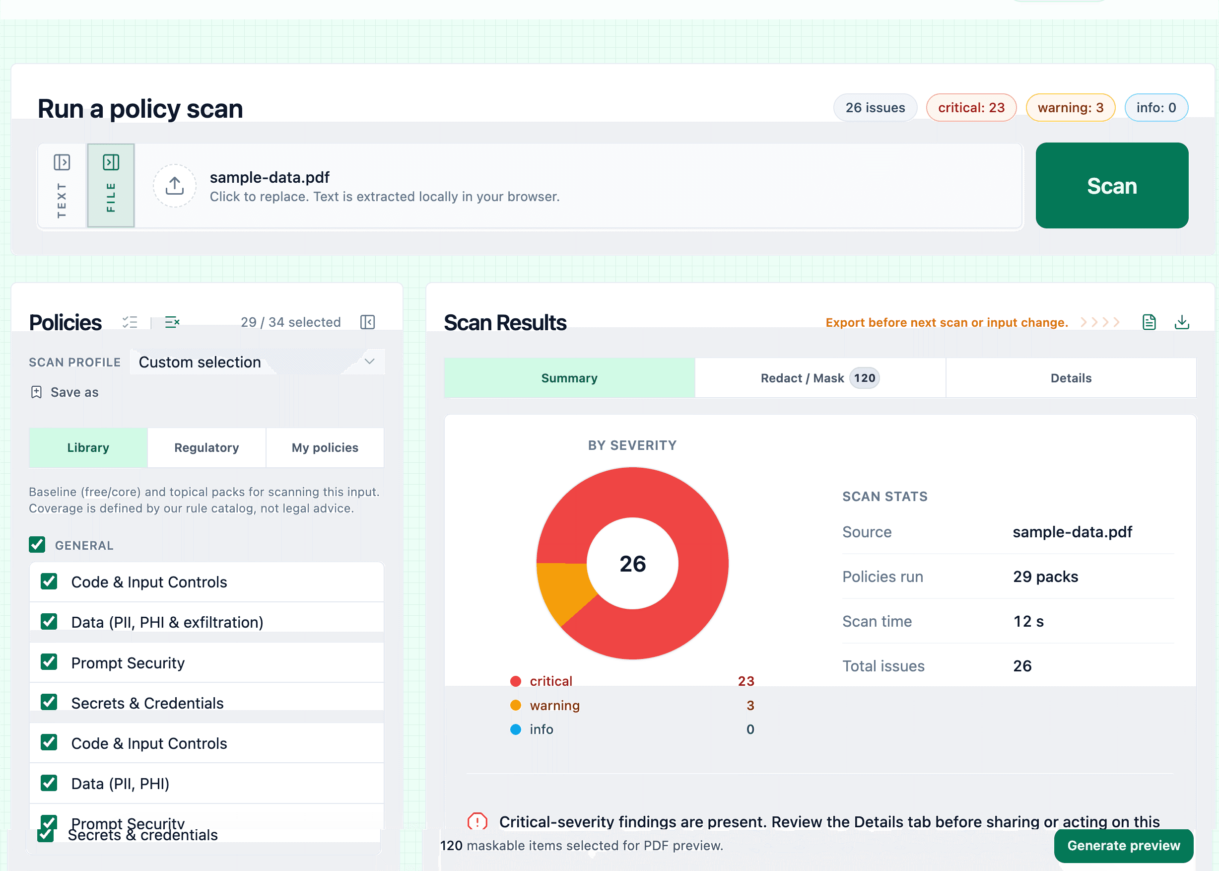 Lintern workspace: scan text and files for sensitive data and policy findings