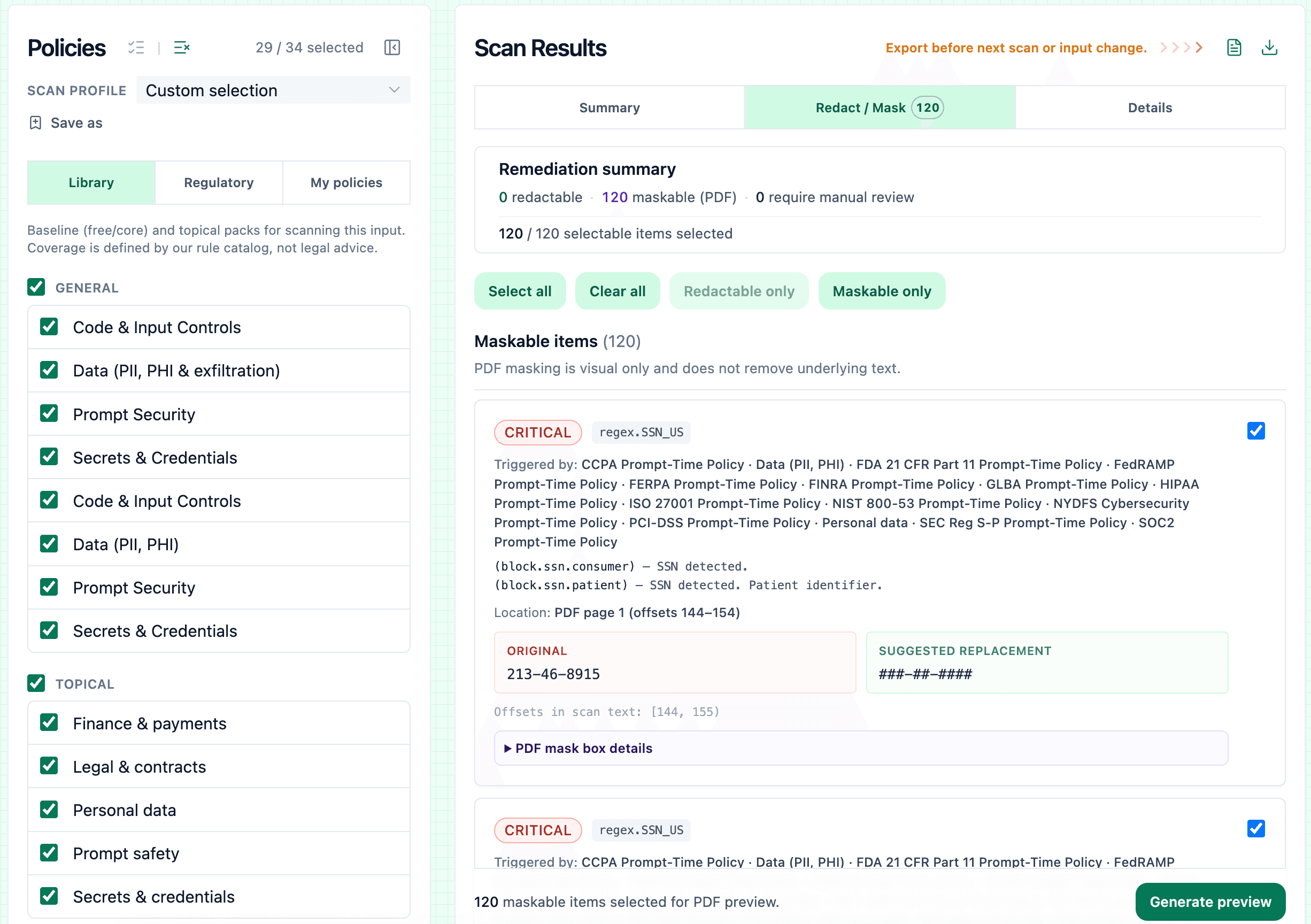 Lintern scan results with severity summary and policy findings